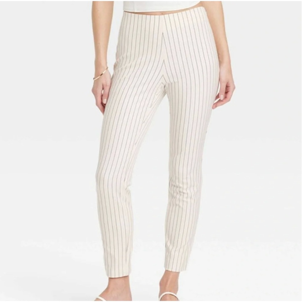 A New Day Skinny Ankle Pants Cream Black Pinstripe High Rise Side Zip Size 10R